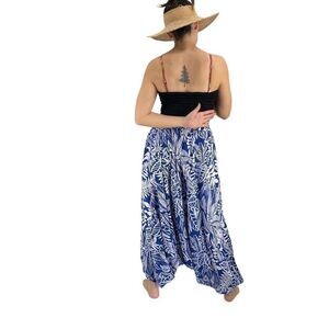 Apau ~ Gender Fluid Aladdin Gypsy Pants Blue White Tropical Floral Leaf Design